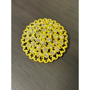 Vintage Yellow Metal Brooch With Rhinestones Semi Domed Approximately 2" In Dia